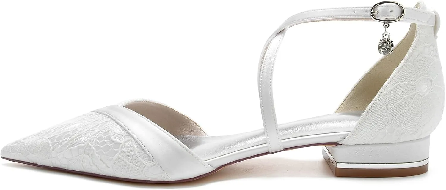 Women's Lace Flats Criss Cross Pointed Toe Wedding Bridal Shoes Prom Evening Dress Pumps Shoes