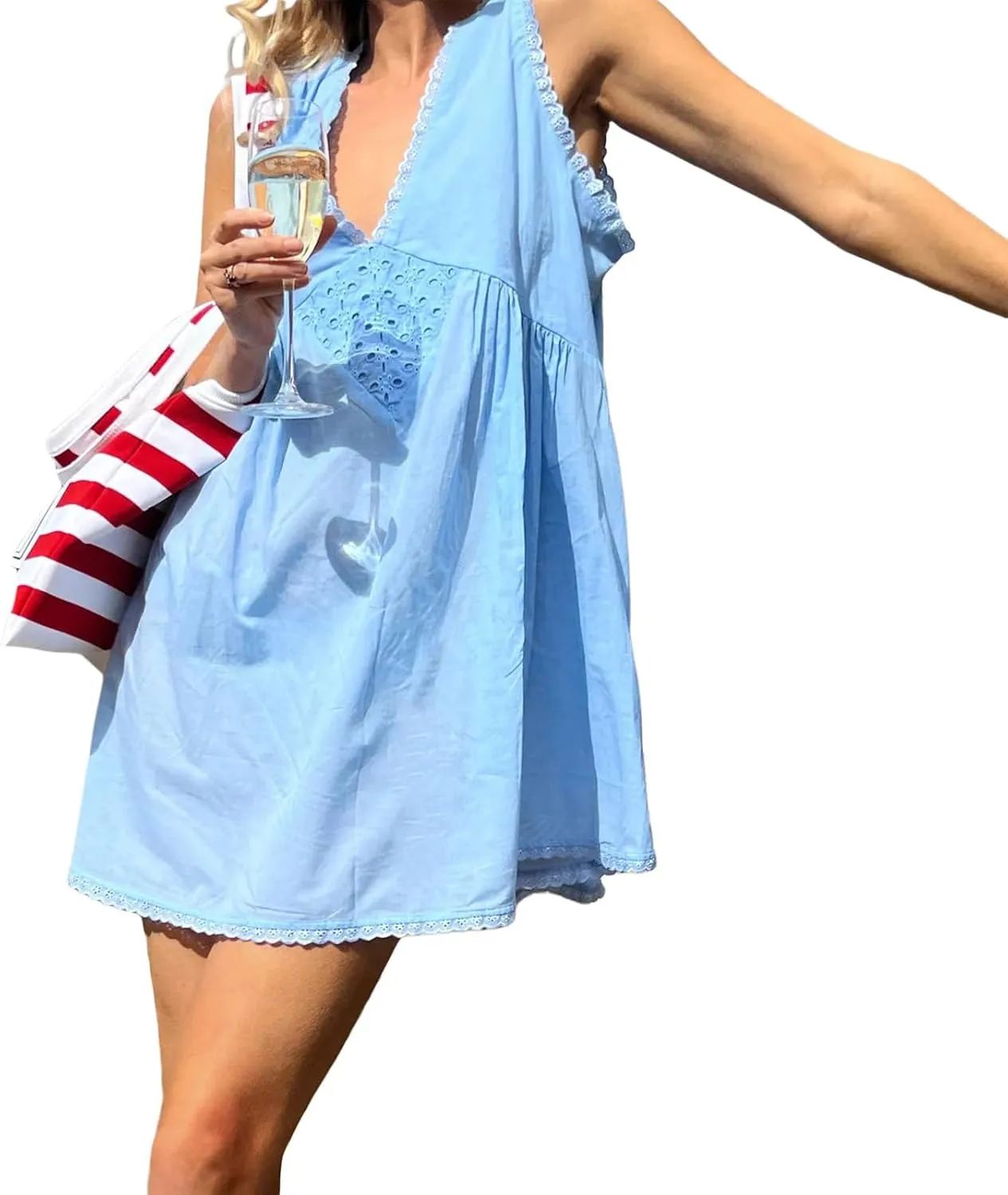 Womens Lace Mini Dress Y2k Aesthetic Summer Flowy Going Out Boho Ruffle Hem Floral Short Dress Beachwear