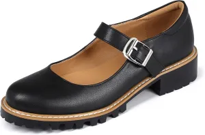 Women's Leather Oxford Mary Janes Shoes Flats Chunky Low Heels Platform Sewing Retro Classics Round Toe Ankle Strap