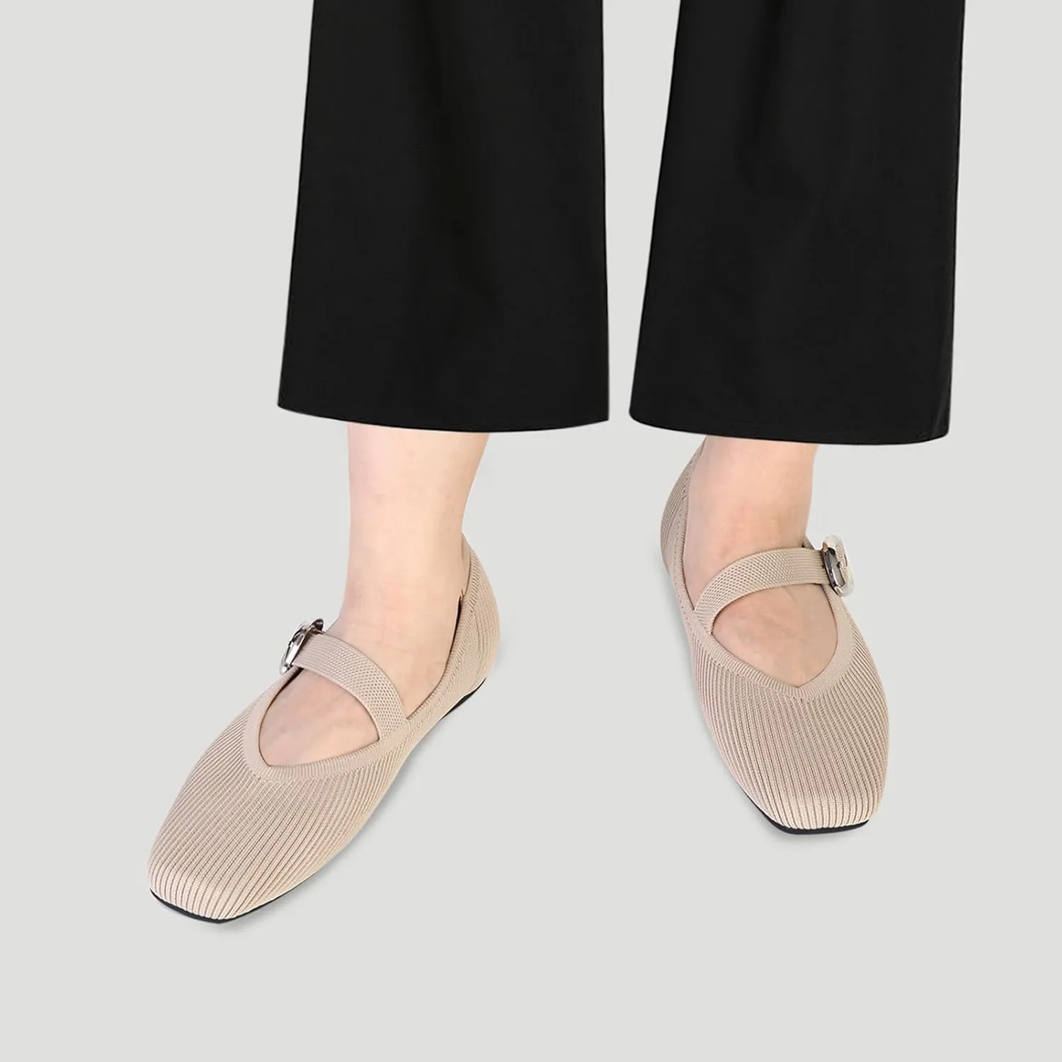 Women's Mary Jane Flats Shoes Square Toe Ballet Flats Comfortable Dressy Knit Flats with Strap Slip On Washable Casual Office Shoes