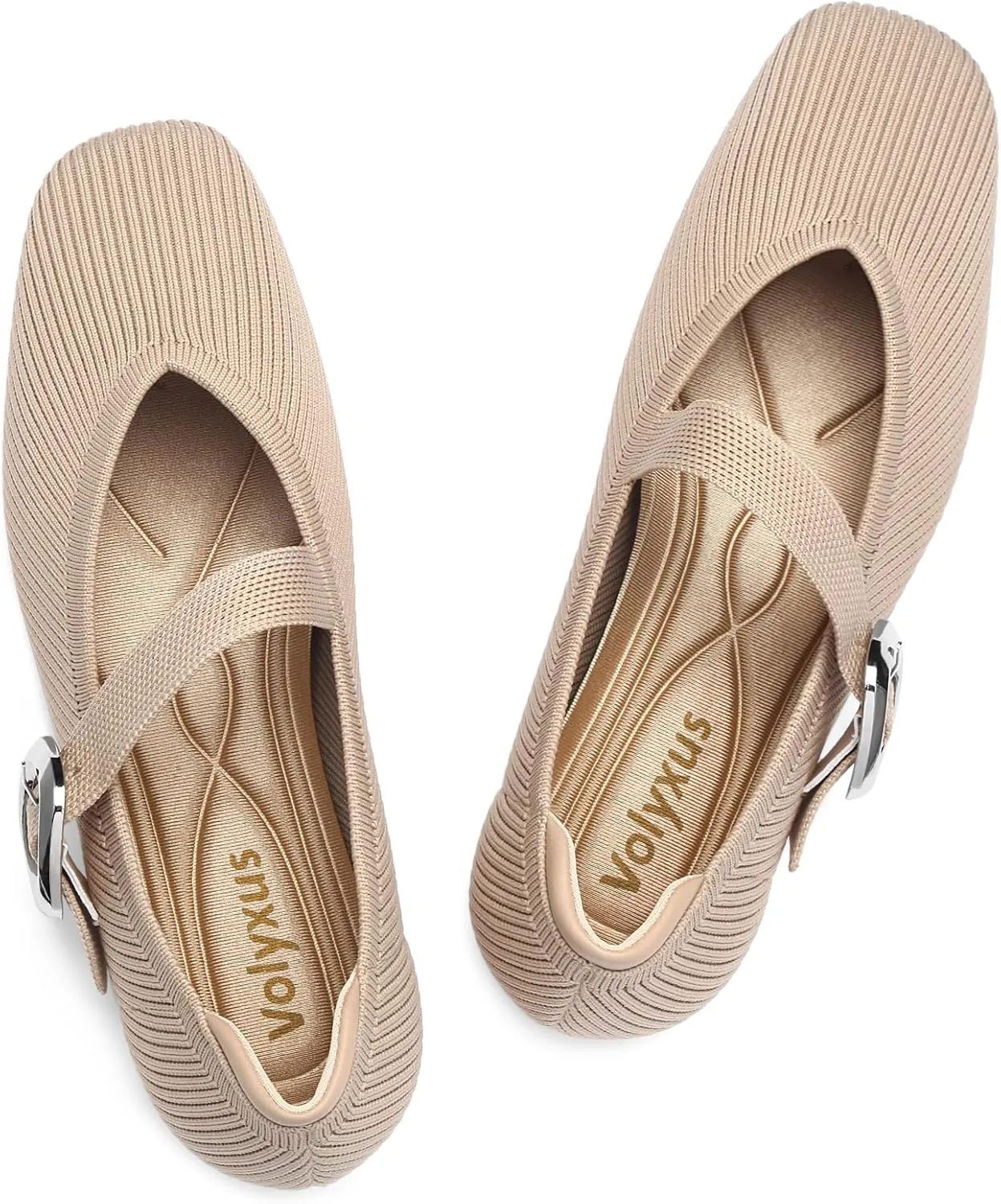 Women's Mary Jane Flats Shoes Square Toe Ballet Flats Comfortable Dressy Knit Flats with Strap Slip On Washable Casual Office Shoes