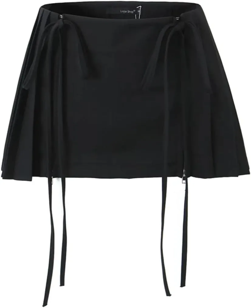 Women's Mini Skirt Lace Bow Pleated Zip Up Y2k Fairy Bodycon Skirt Sexy Streetwear Club Dress Harajuku Goth