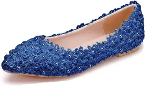 Women's Pearl Lace Slip-On Ballet Flats Pointed Toe Pumps Breathable Comfortable Dress Wedding Shoes for Party Evening Dating
