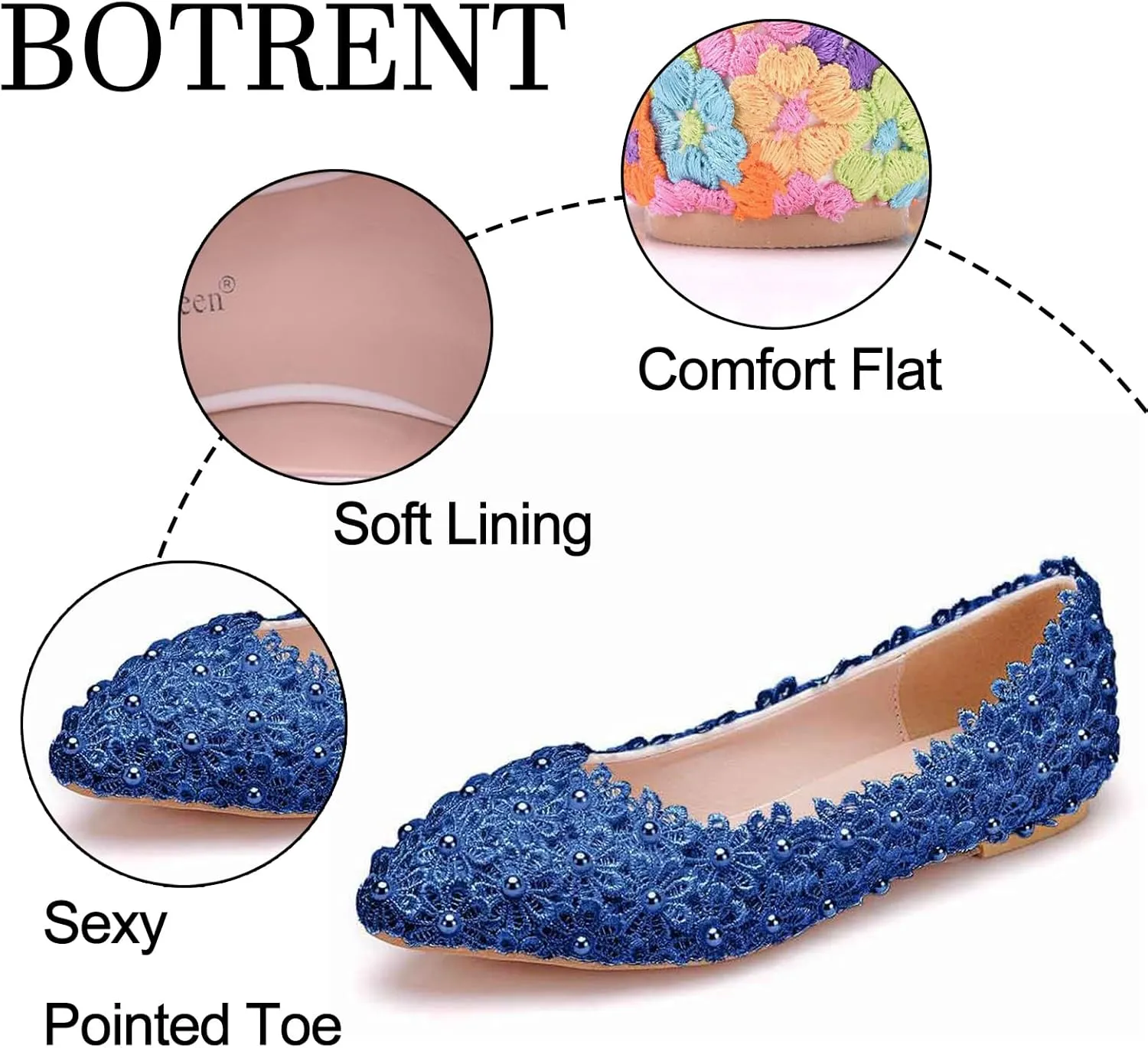 Women's Pearl Lace Slip-On Ballet Flats Pointed Toe Pumps Breathable Comfortable Dress Wedding Shoes for Party Evening Dating