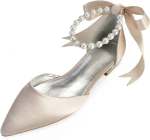 Women's Pearl Satin Wedding Shoes for Bride Flats Pointed Toe Comfortable Bridal Shoes Formal Prom Party Dress Pumps Sandals with Ankle Strap