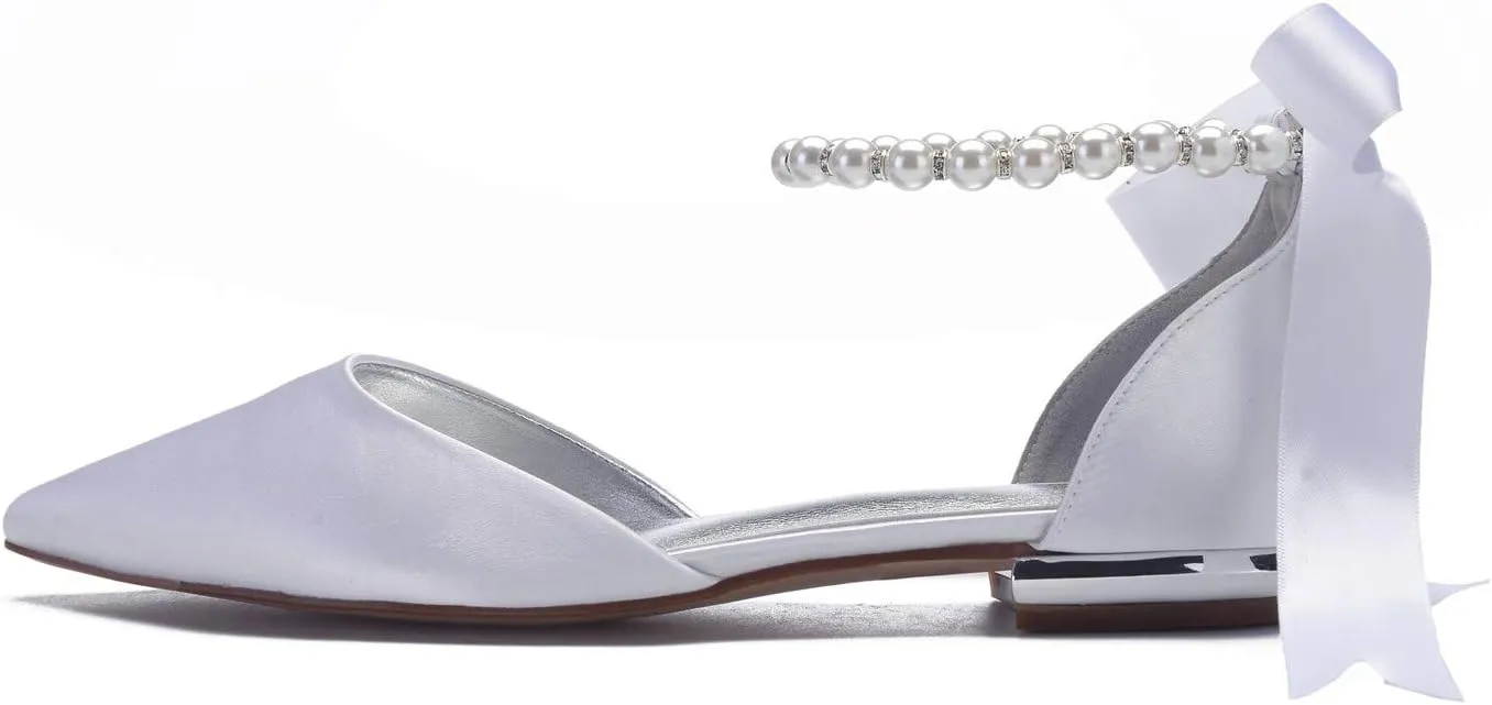 Women's Pearl Satin Wedding Shoes for Bride Flats Pointed Toe Comfortable Bridal Shoes Formal Prom Party Dress Pumps Sandals with Ankle Strap
