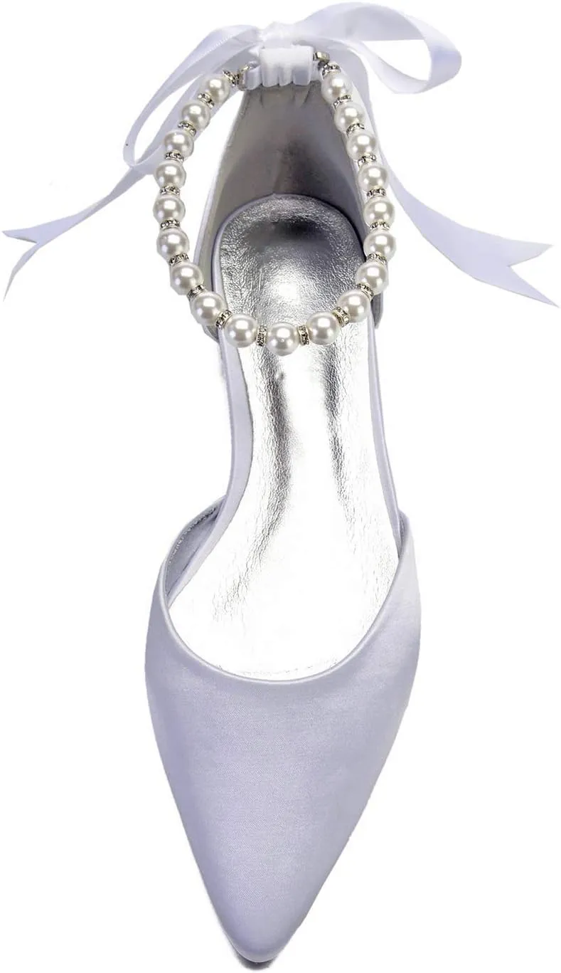 Women's Pearl Satin Wedding Shoes for Bride Flats Pointed Toe Comfortable Bridal Shoes Formal Prom Party Dress Pumps Sandals with Ankle Strap