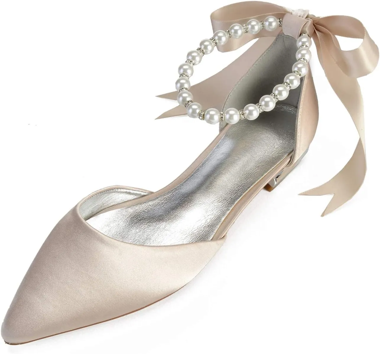 Women's Pearl Satin Wedding Shoes for Bride Flats Pointed Toe Comfortable Bridal Shoes Formal Prom Party Dress Pumps Sandals with Ankle Strap