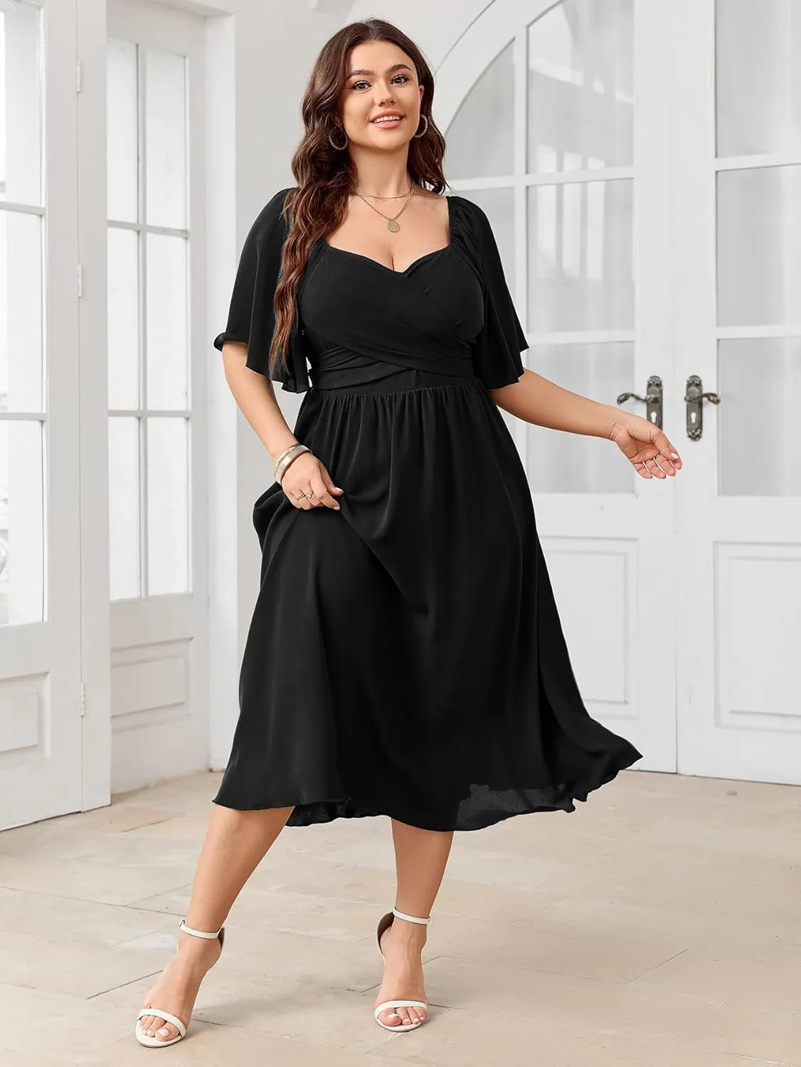 Women's Plus Size Midi Dress Sweetheart Neck Short Sleeve Wedding Guest Cocktail A Line Flowy Dress