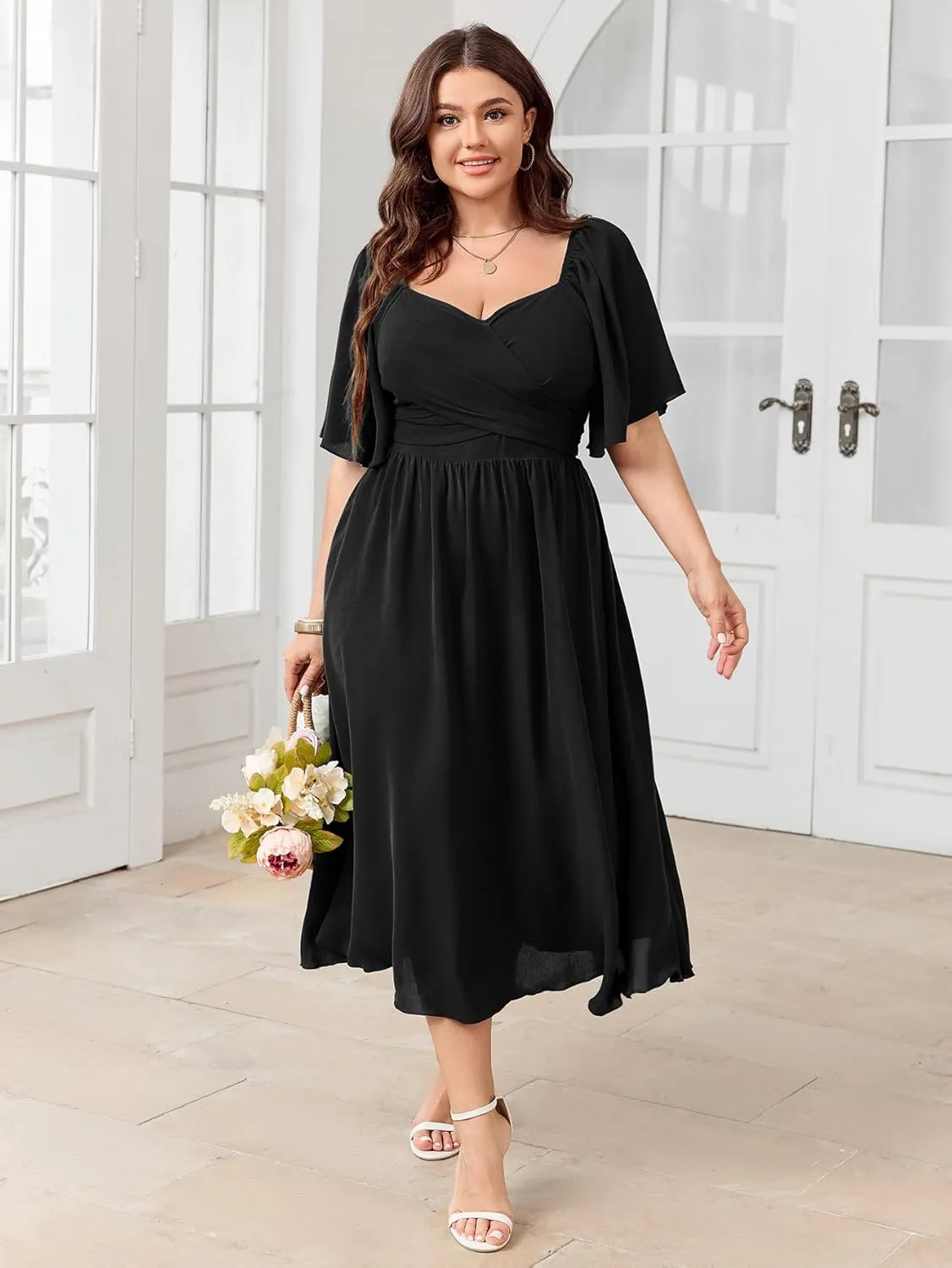 Women's Plus Size Midi Dress Sweetheart Neck Short Sleeve Wedding Guest Cocktail A Line Flowy Dress