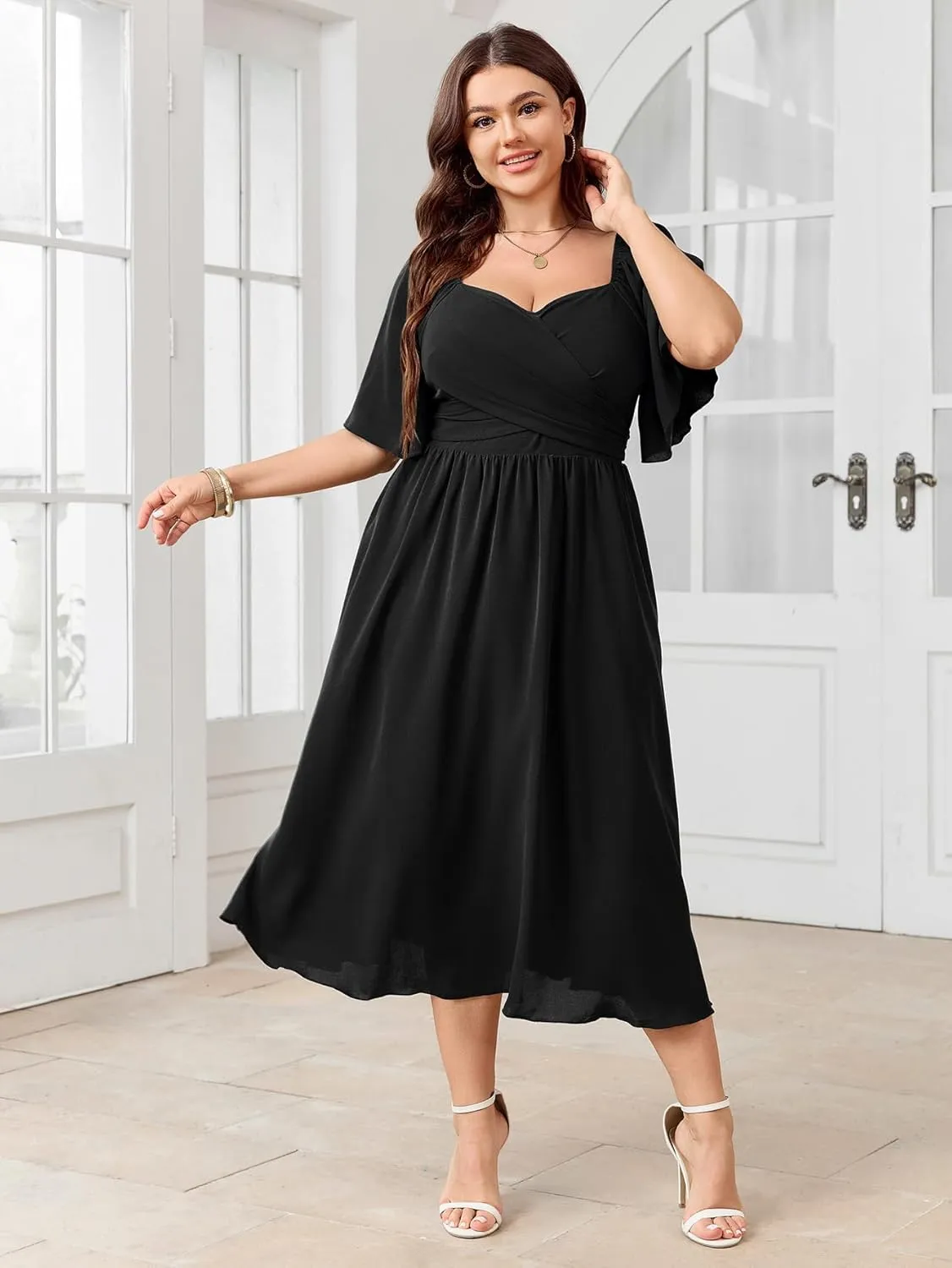 Women's Plus Size Midi Dress Sweetheart Neck Short Sleeve Wedding Guest Cocktail A Line Flowy Dress