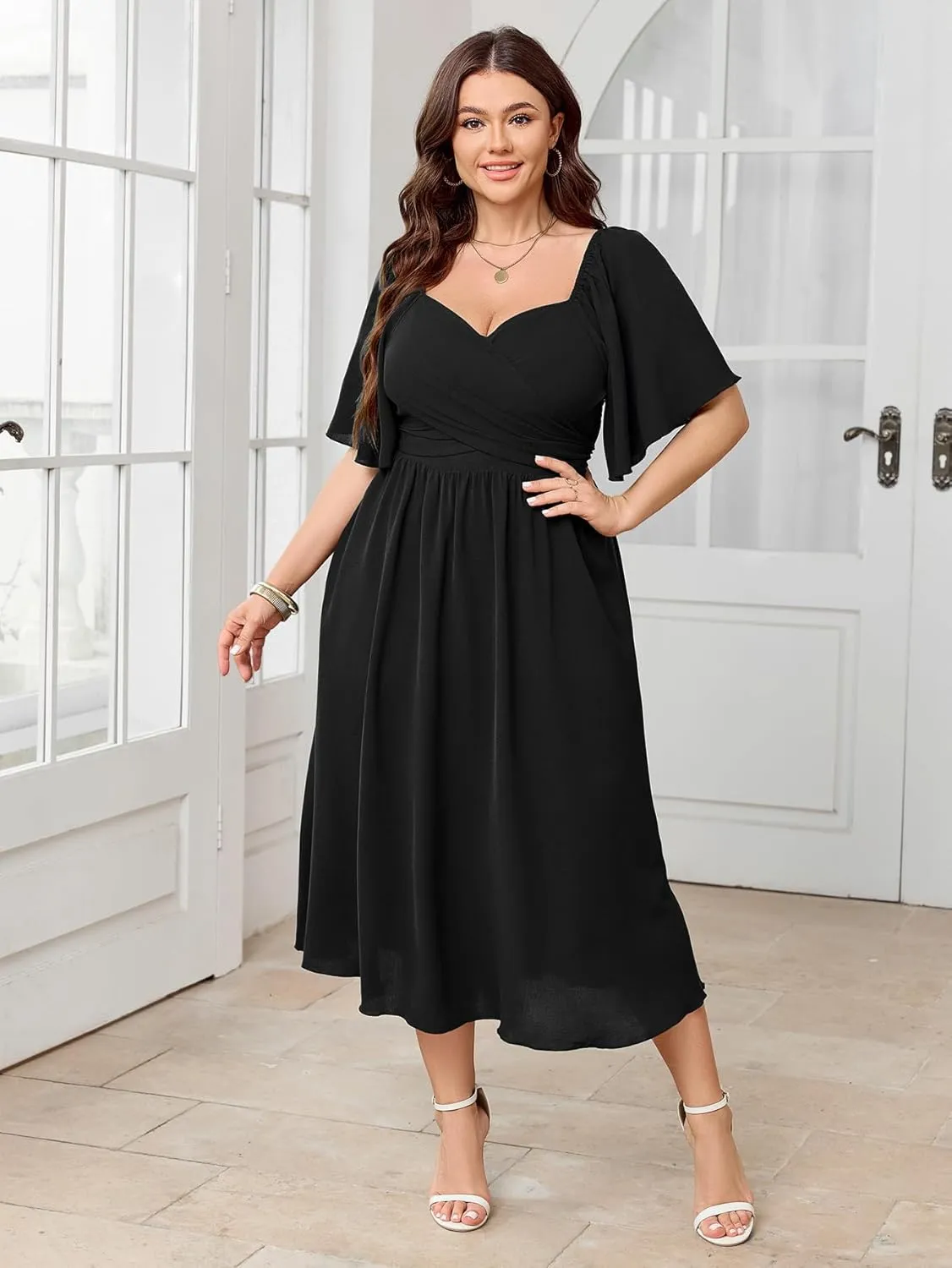 Women's Plus Size Midi Dress Sweetheart Neck Short Sleeve Wedding Guest Cocktail A Line Flowy Dress