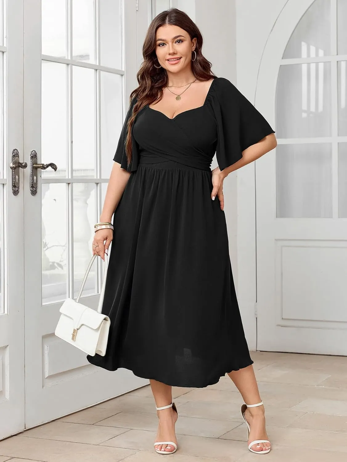 Women's Plus Size Midi Dress Sweetheart Neck Short Sleeve Wedding Guest Cocktail A Line Flowy Dress