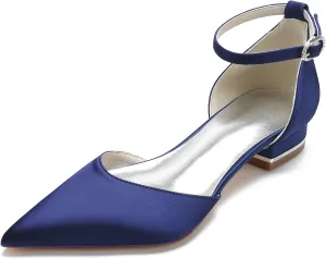 Women's Pointed Toe Bridal Pumps Satin Flats Ankle Strap Wedding Flats Prom Evening Party Dress Pumps for Bride