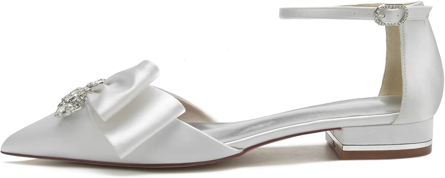 Women's Pointed Toe Flats Bridal Pumps Cryatal Satin Wedding Flats for Bride Prom Evening Bridal Party Dress Flats
