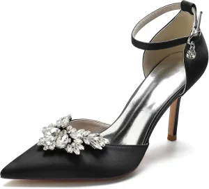 Women's Pointed Toe High Heels Bridal Pumps Rhinestones Satin Heeled Wedding Shoes for Bride Prom Party Dress Shoes Sandals