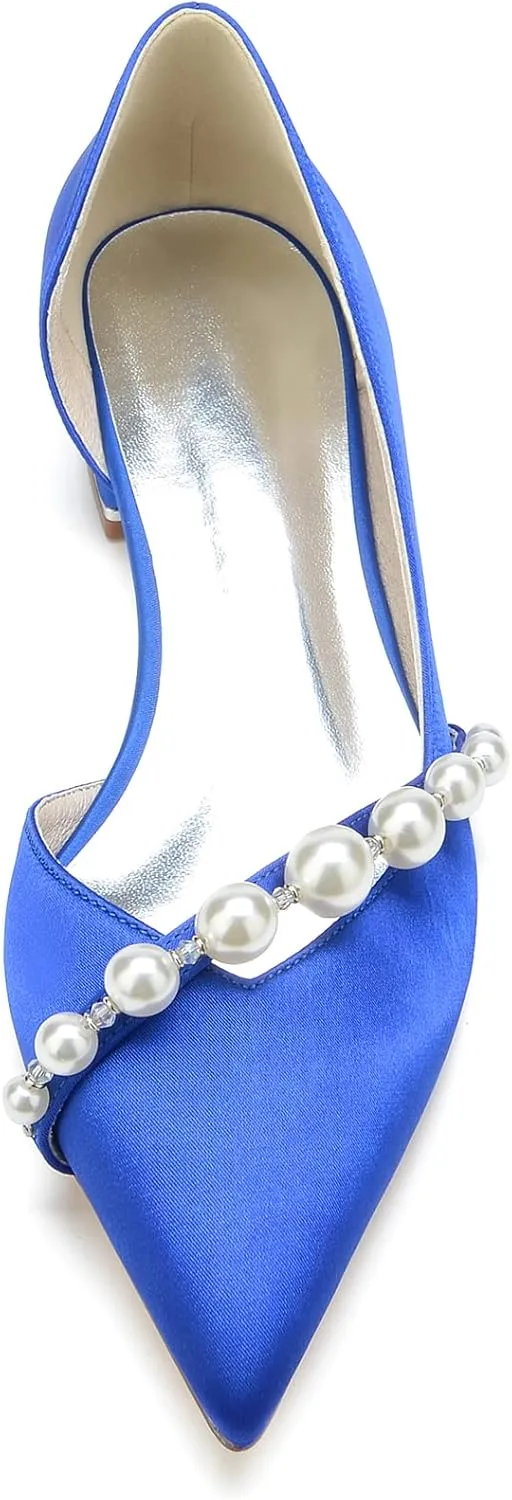 Women's Pointed Toe Pearl Satin Wedding Flats for Bride Comfortable White Bridal Shoes Prom Party Shoes Pumps