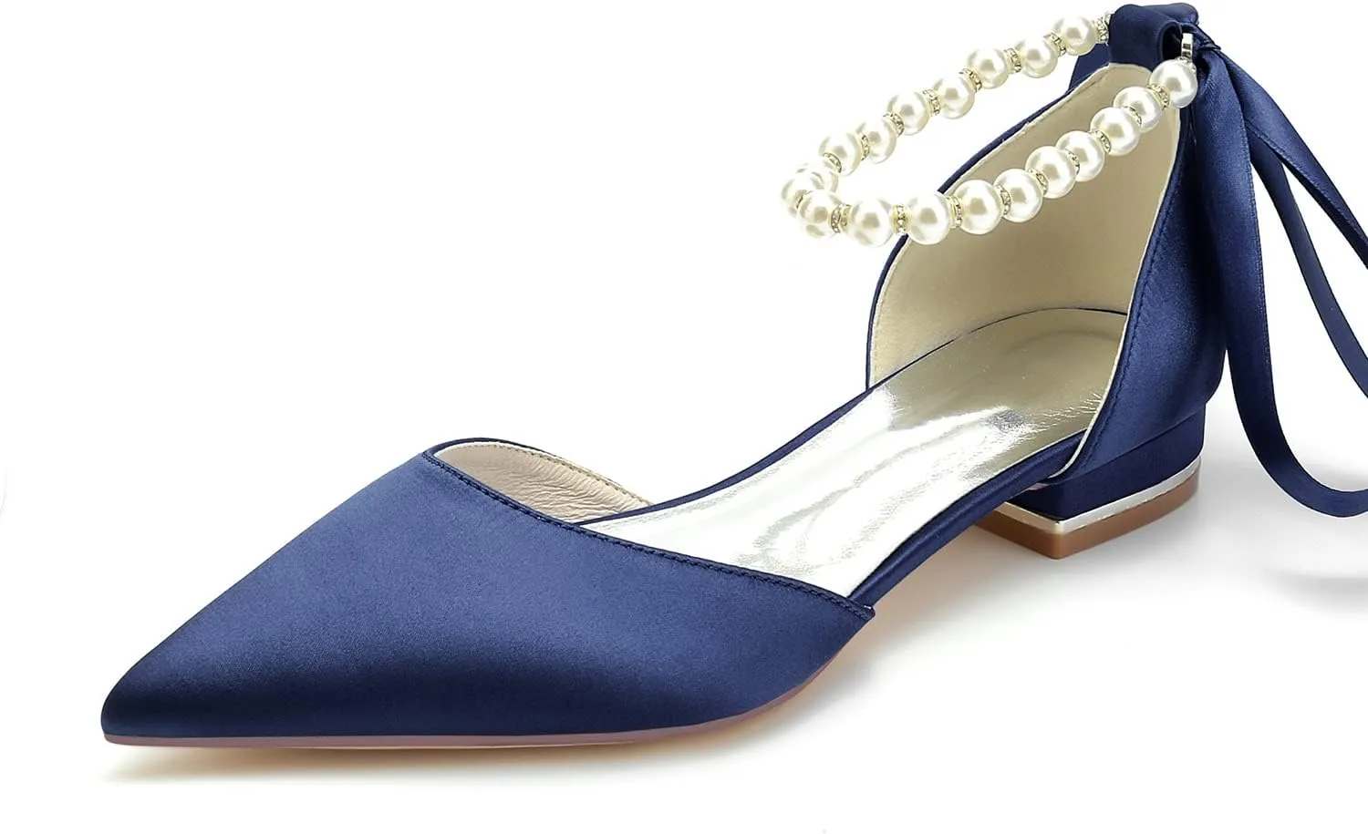 Women's Pointed Toe Pumps Pearl Satin Wedding Shoes for Bride Flats Ankle Strap Bridal Shoes Formal Prom Party Dress Pumps Sandals