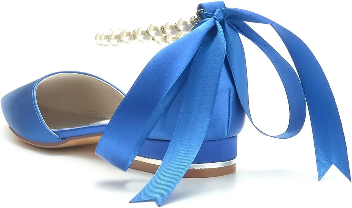 Women's Pointed Toe Pumps Pearl Satin Wedding Shoes for Bride Flats Ankle Strap Bridal Shoes Formal Prom Party Dress Pumps Sandals