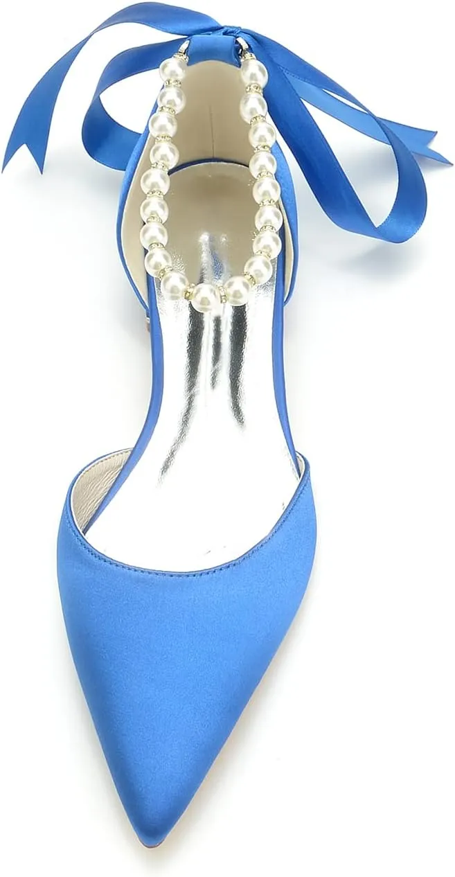 Women's Pointed Toe Pumps Pearl Satin Wedding Shoes for Bride Flats Ankle Strap Bridal Shoes Formal Prom Party Dress Pumps Sandals