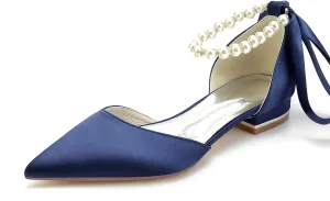 Women's Pointed Toe Pumps Pearl Satin Wedding Shoes for Bride Flats Ankle Strap Bridal Shoes Formal Prom Party Dress Pumps Sandals