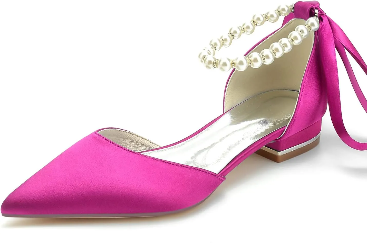 Women's Pointed Toe Pumps Pearl Satin Wedding Shoes for Bride Flats Ankle Strap Bridal Shoes Formal Prom Party Dress Pumps Sandals