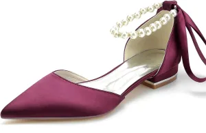 Women's Pointed Toe Pumps Pearl Satin Wedding Shoes for Bride Flats Ankle Strap Bridal Shoes Formal Prom Party Dress Pumps Sandals