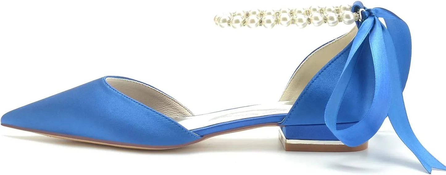 Women's Pointed Toe Pumps Pearl Satin Wedding Shoes for Bride Flats Ankle Strap Bridal Shoes Formal Prom Party Dress Pumps Sandals