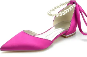 Women's Pointed Toe Pumps Pearl Satin Wedding Shoes for Bride Flats Ankle Strap Bridal Shoes Formal Prom Party Dress Pumps Sandals