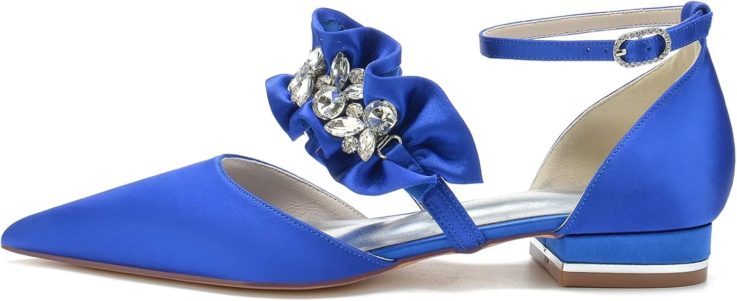 Women's Pointed Toe Wedding Flats Pumps for Bride Satin Rhinestones Ankle Strap Low Heels Evening Prom Dress Shoes