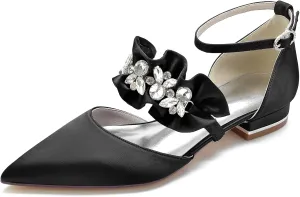 Women's Pointed Toe Wedding Flats Pumps for Bride Satin Rhinestones Ankle Strap Low Heels Evening Prom Dress Shoes