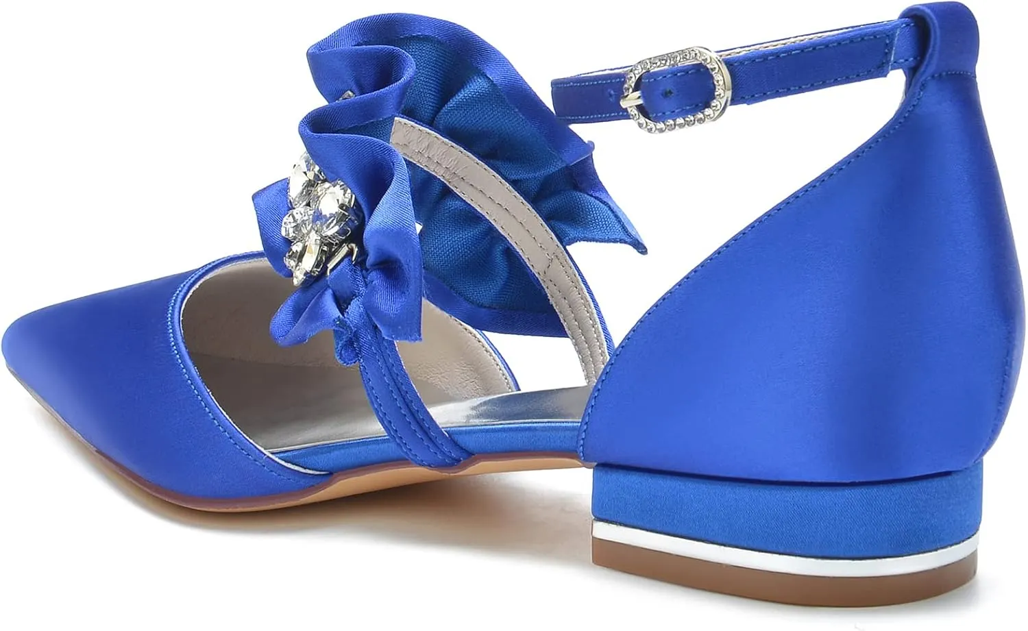 Women's Pointed Toe Wedding Flats Pumps for Bride Satin Rhinestones Ankle Strap Low Heels Evening Prom Dress Shoes