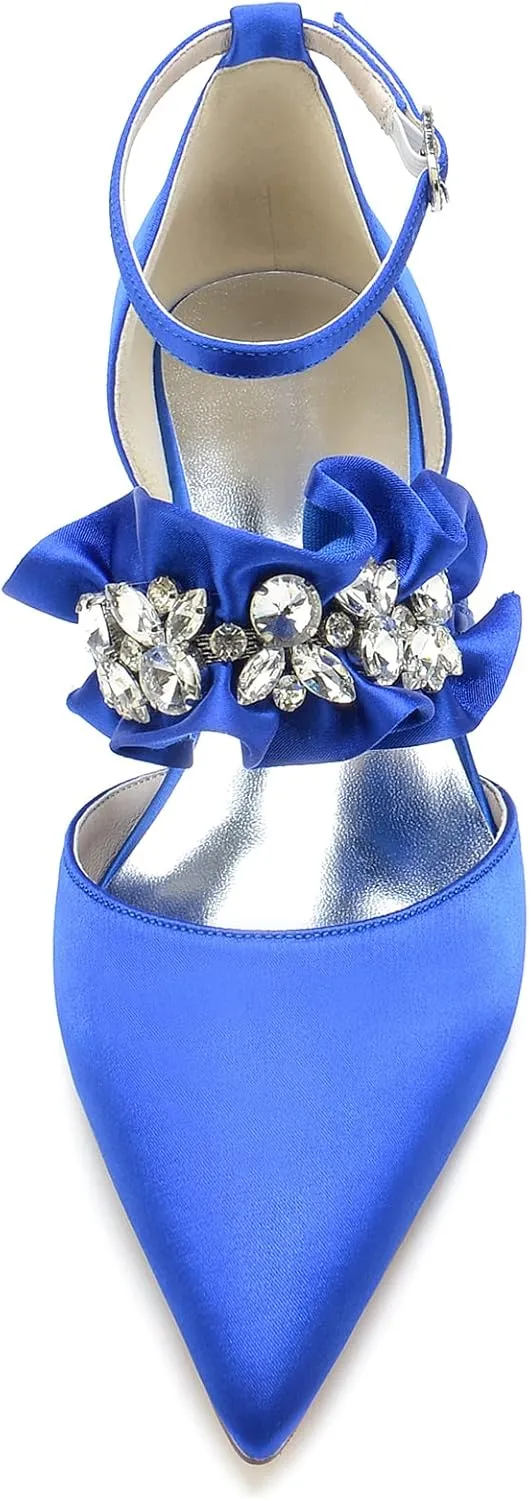 Women's Pointed Toe Wedding Flats Pumps for Bride Satin Rhinestones Ankle Strap Low Heels Evening Prom Dress Shoes