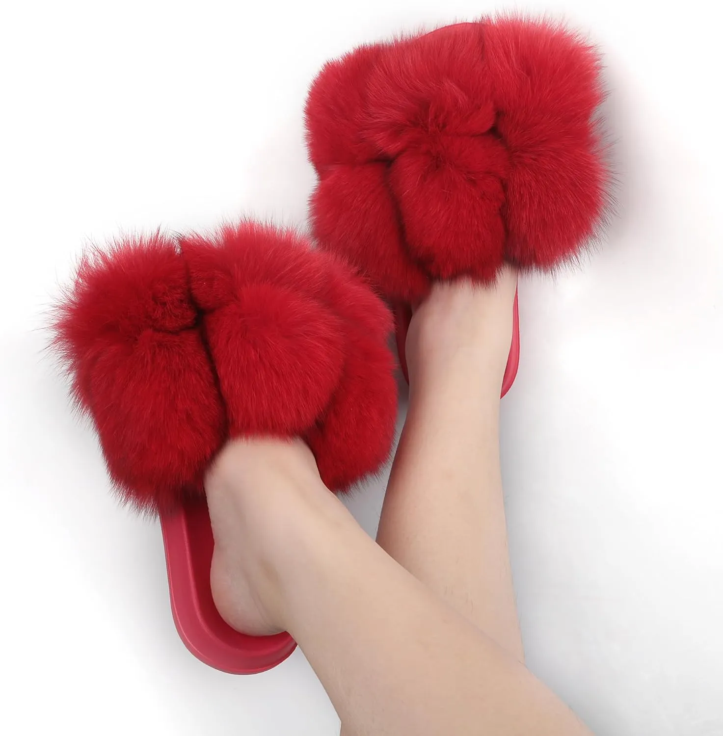 Women's Real Fox Fur Slides, Open-Toe Sandals, Indoor and Outdoor Non-Slip Slippers, Soft Pompom
