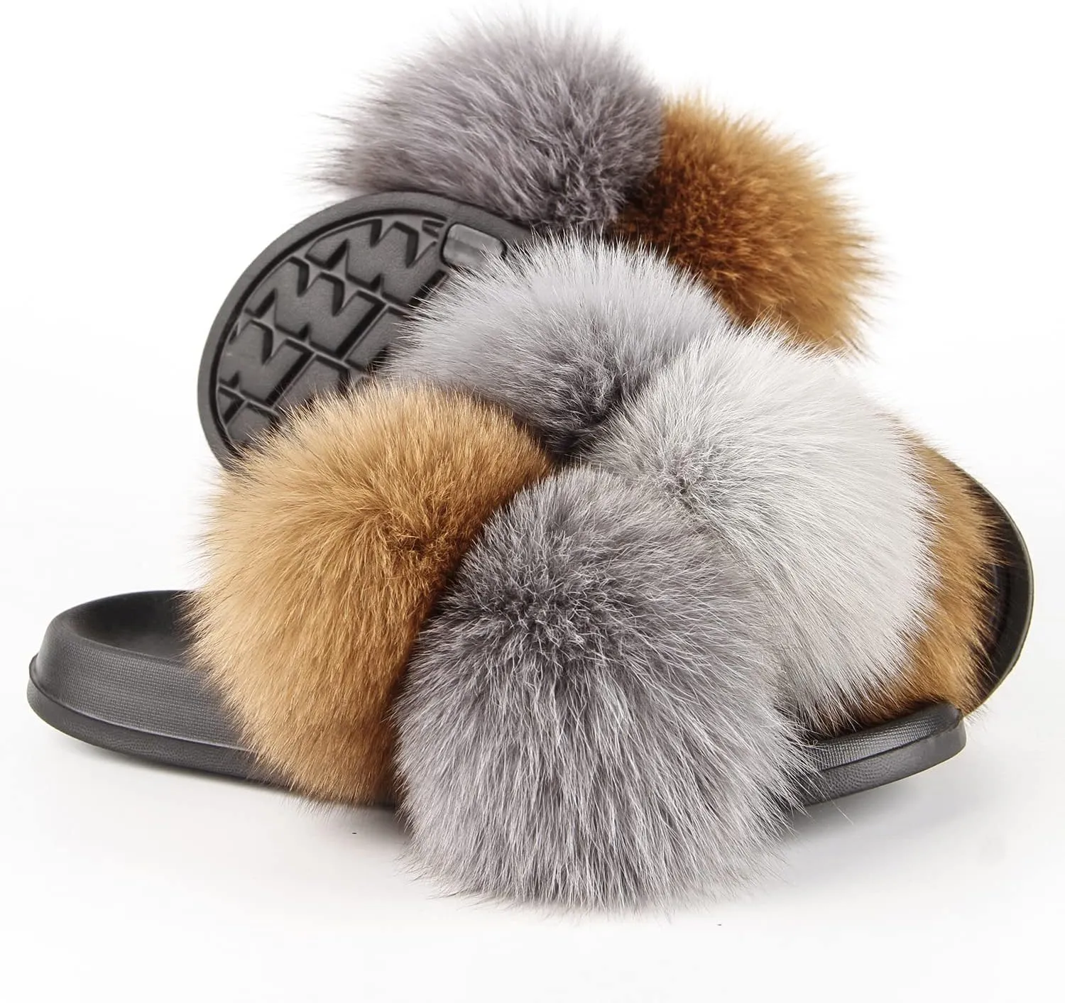 Women's Real Fox Fur Slides, Open-Toe Sandals, Indoor and Outdoor Non-Slip Slippers, Soft Pompom