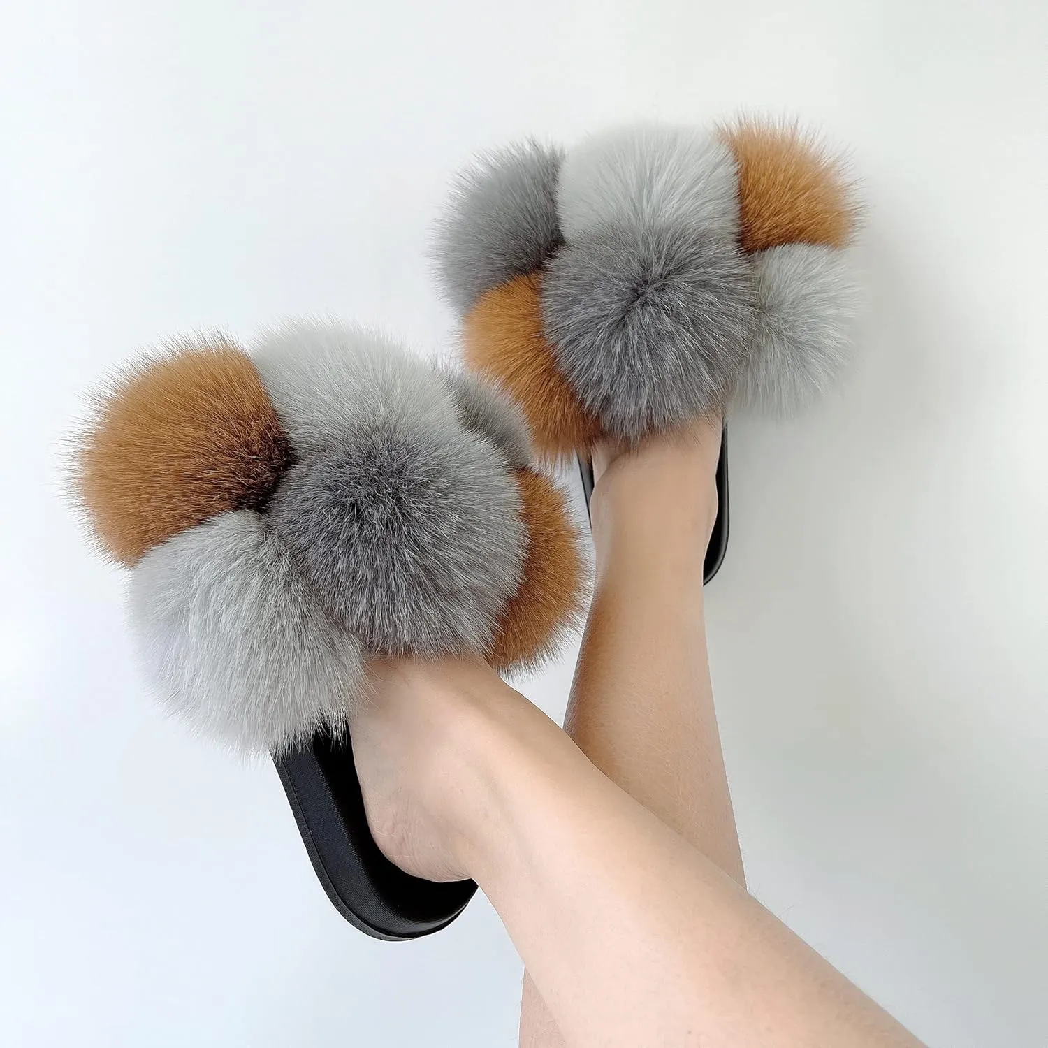 Women's Real Fox Fur Slides, Open-Toe Sandals, Indoor and Outdoor Non-Slip Slippers, Soft Pompom