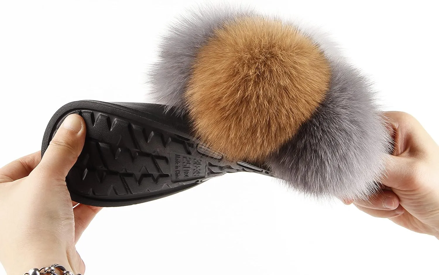 Women's Real Fox Fur Slides, Open-Toe Sandals, Indoor and Outdoor Non-Slip Slippers, Soft Pompom