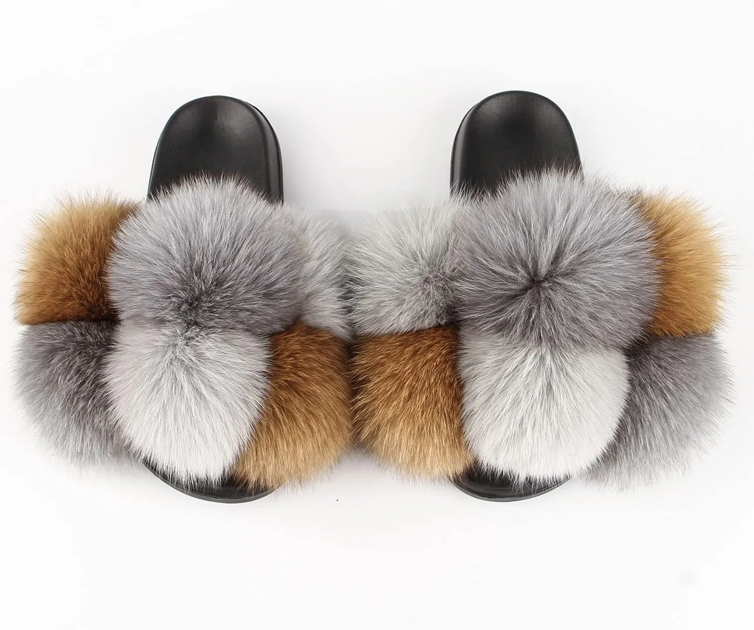 Women's Real Fox Fur Slides, Open-Toe Sandals, Indoor and Outdoor Non-Slip Slippers, Soft Pompom