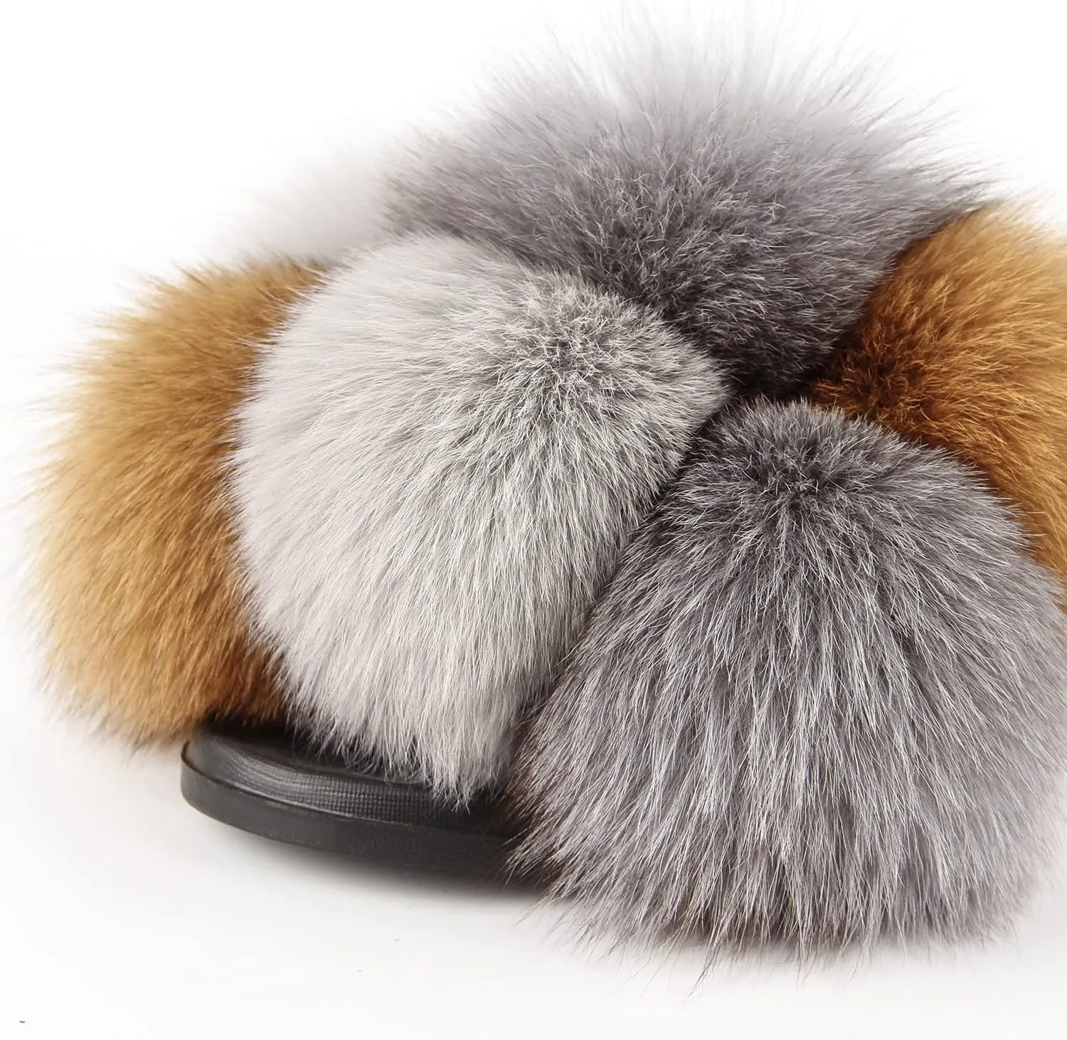 Women's Real Fox Fur Slides, Open-Toe Sandals, Indoor and Outdoor Non-Slip Slippers, Soft Pompom