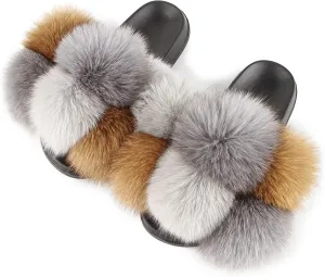 Women's Real Fox Fur Slides, Open-Toe Sandals, Indoor and Outdoor Non-Slip Slippers, Soft Pompom