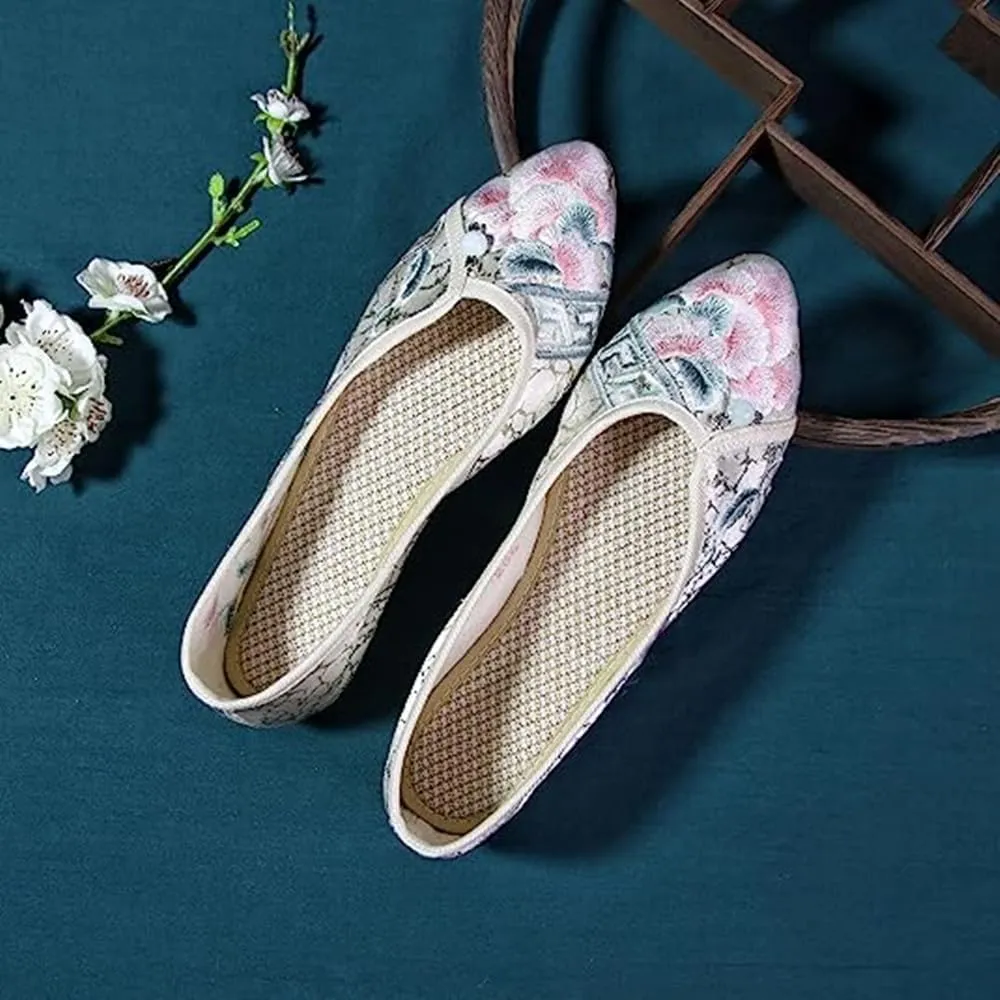 Women's Retro Classic Ballet Flats Shoes Pointed Toe Slip On Comfortable Loafer Handmade Floral Embroidered Shoes for Women Mary Jane Flats Cheongsam Shoes