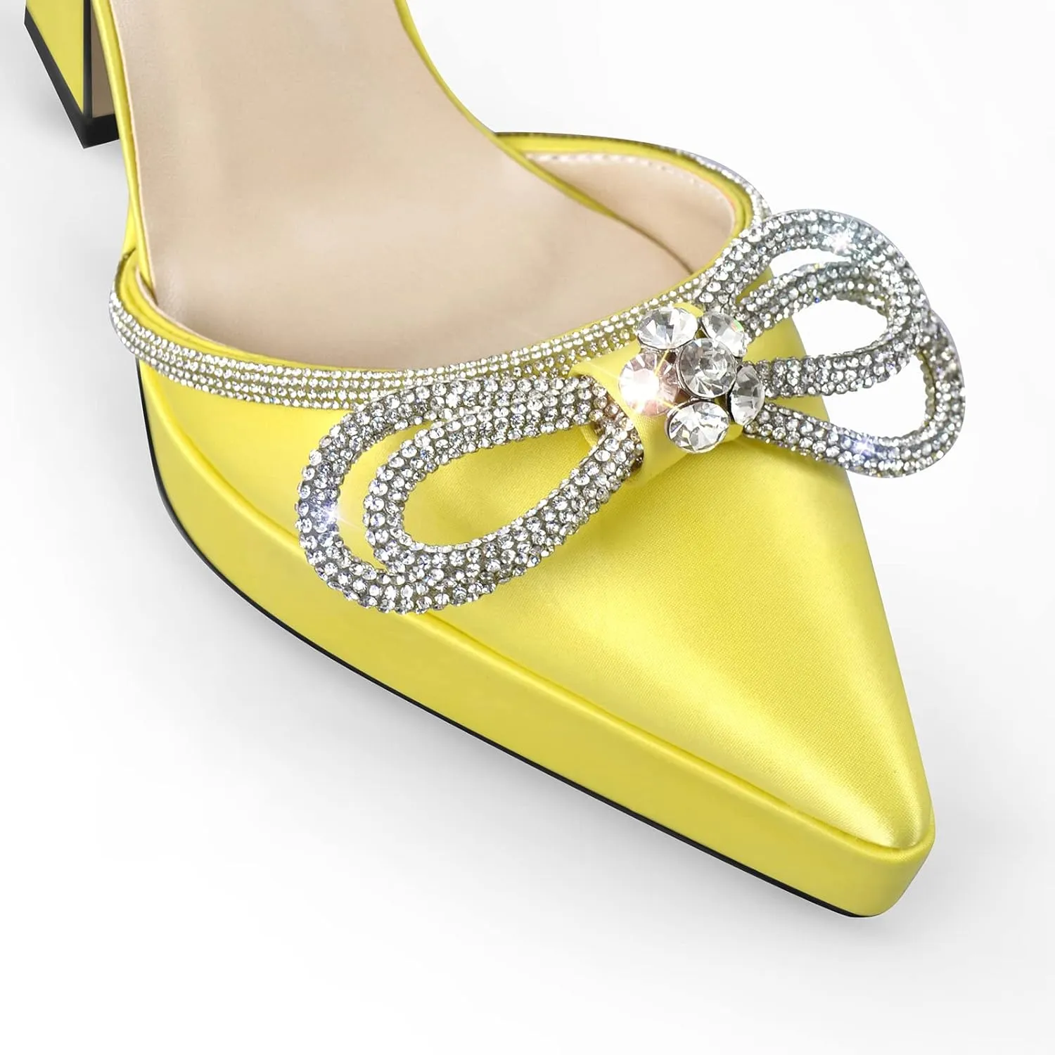Women's Rhinestone Chunky Heel Platform Sandals Glitter Bowknots Pointed Toe Ankle Strap Stiletto Satin Pumps