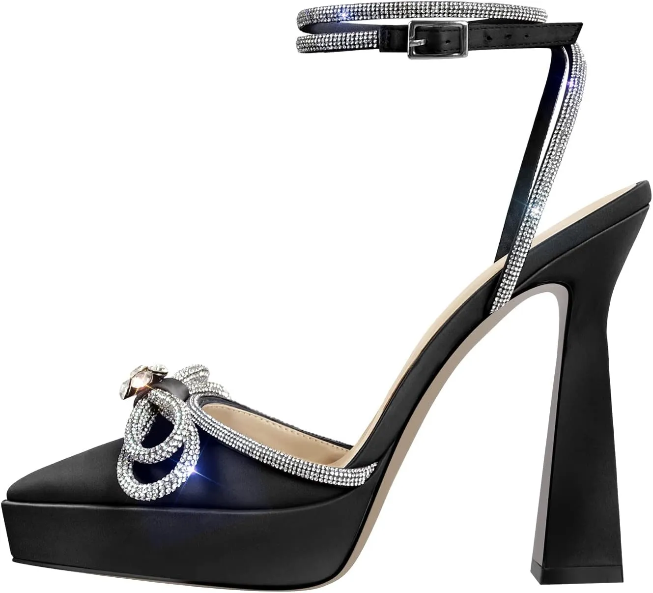 Women's Rhinestone Chunky Heel Platform Sandals Glitter Bowknots Pointed Toe Ankle Strap Stiletto Satin Pumps