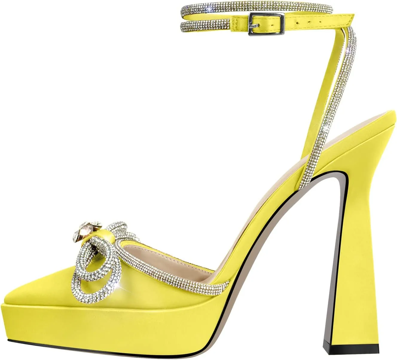 Women's Rhinestone Chunky Heel Platform Sandals Glitter Bowknots Pointed Toe Ankle Strap Stiletto Satin Pumps