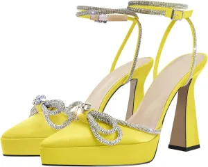 Women's Rhinestone Chunky Heel Platform Sandals Glitter Bowknots Pointed Toe Ankle Strap Stiletto Satin Pumps
