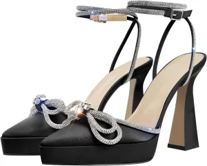 Women's Rhinestone Chunky Heel Platform Sandals Glitter Bowknots Pointed Toe Ankle Strap Stiletto Satin Pumps