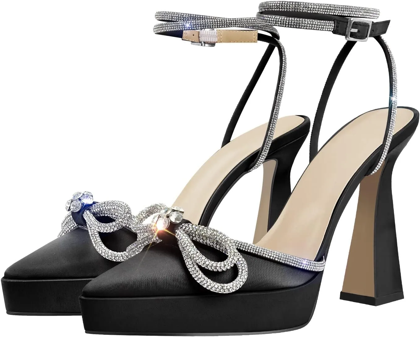 Women's Rhinestone Chunky Heel Platform Sandals Glitter Bowknots Pointed Toe Ankle Strap Stiletto Satin Pumps