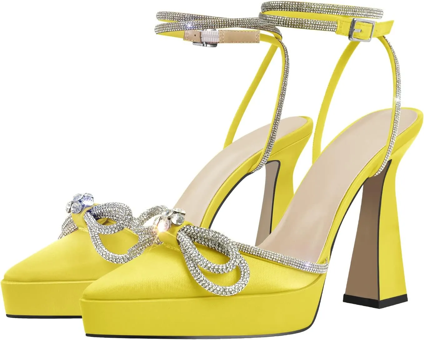 Women's Rhinestone Chunky Heel Platform Sandals Glitter Bowknots Pointed Toe Ankle Strap Stiletto Satin Pumps