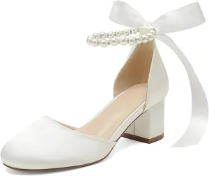 Women's Round Toe Satin Wedding Shoes Chunky Block Heels with Pearls Bridal Pumps Ankle Strap Prom Evening Party Shoes Sandal