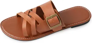 Womens Sandals Comfortable Wide Leather Crisscross Summer Square Toe Flat Slide Sandals